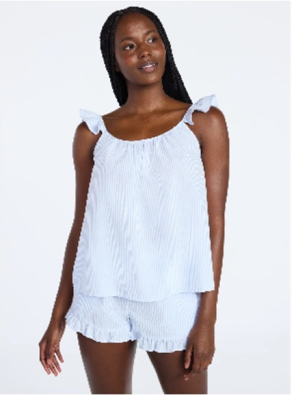 JoySpun Light Blue and White Striped Ruffle Hem Shorts Set